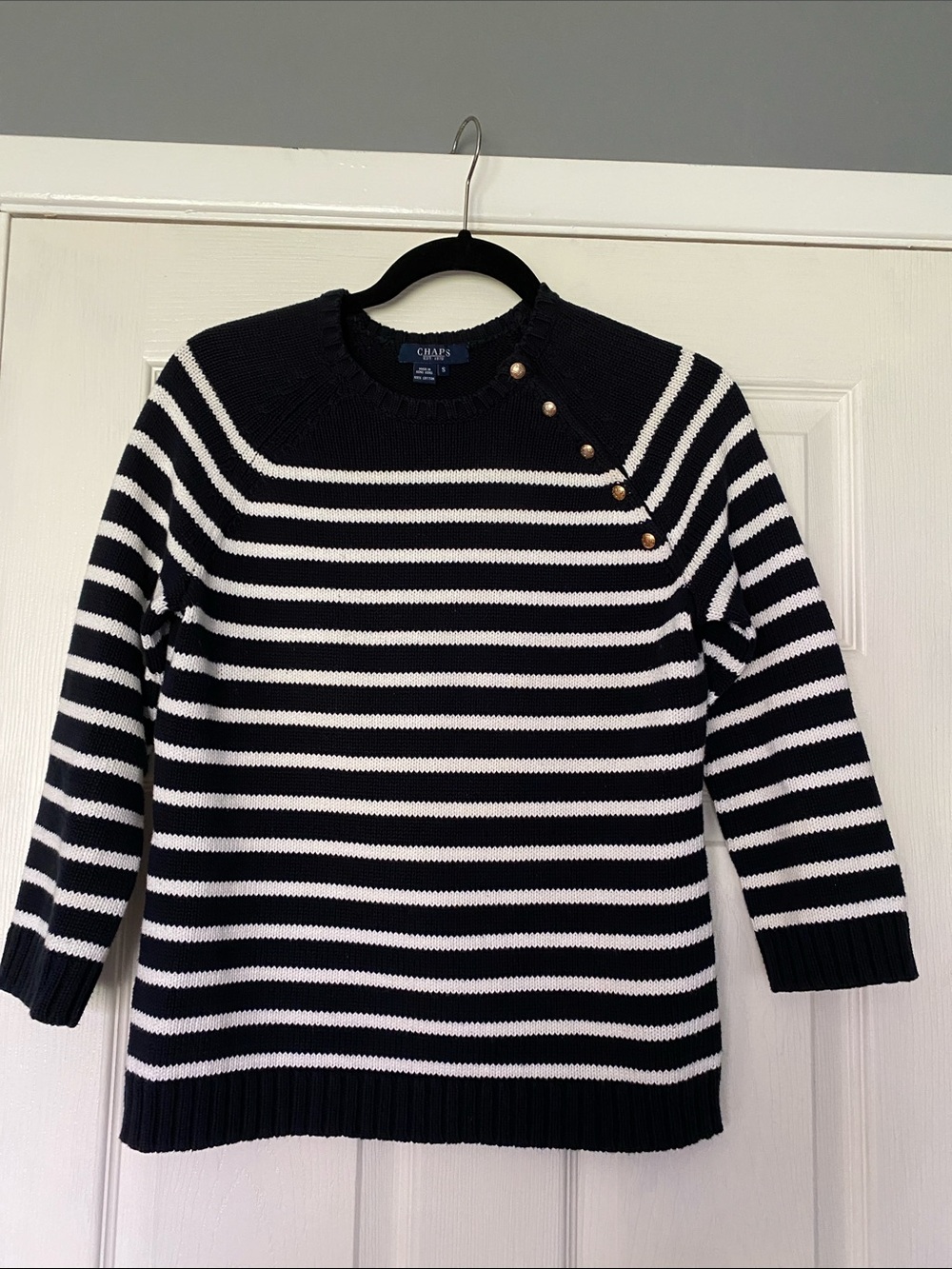 Chaps 100% Cotton Navy & White Striped Crewneck Sweater Size S